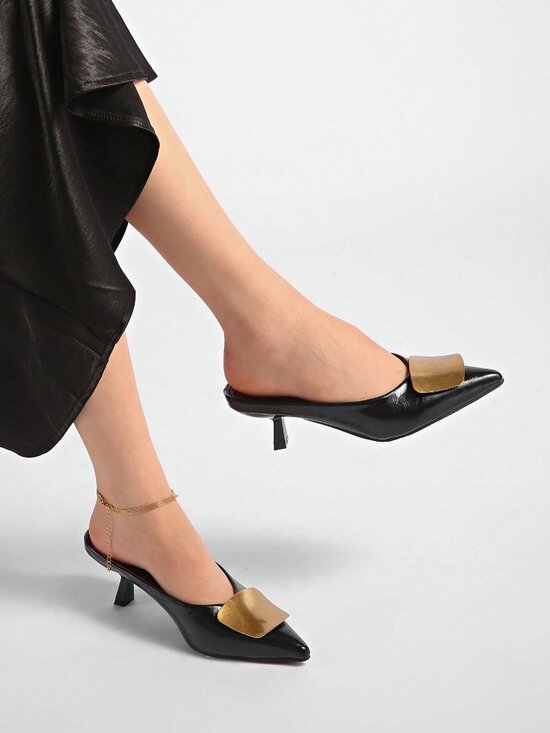 Black Fashionable Women's Pointed Toe Metal Buckle High Heel Pumps - Picture 3 of 8